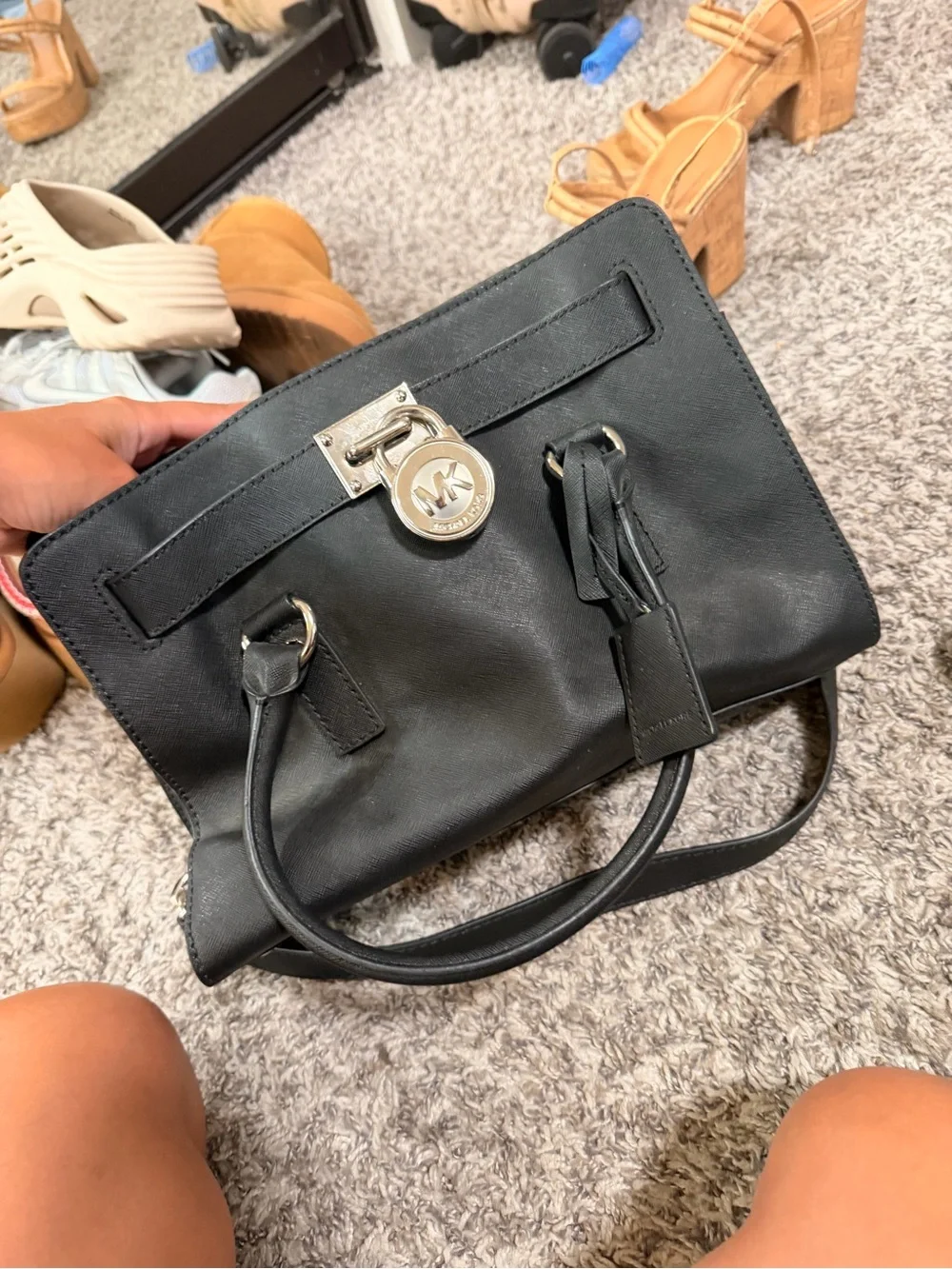 Michael Kors Black Leather Satchel with Silver MK Lock